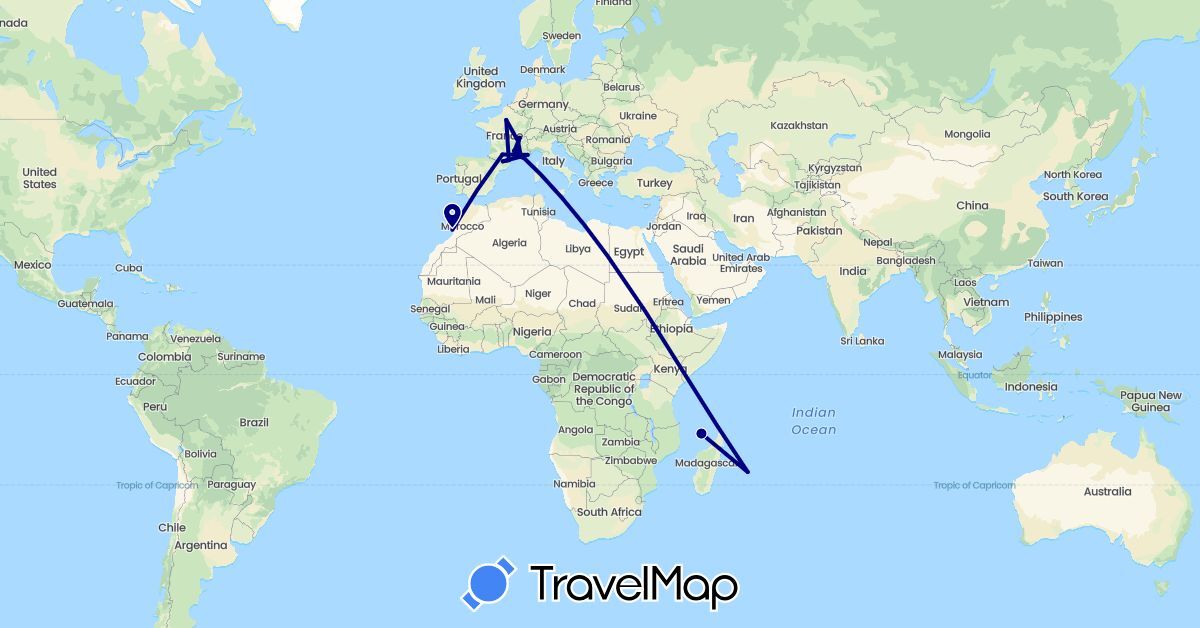 TravelMap itinerary: driving in Andorra, France, Morocco (Africa, Europe)